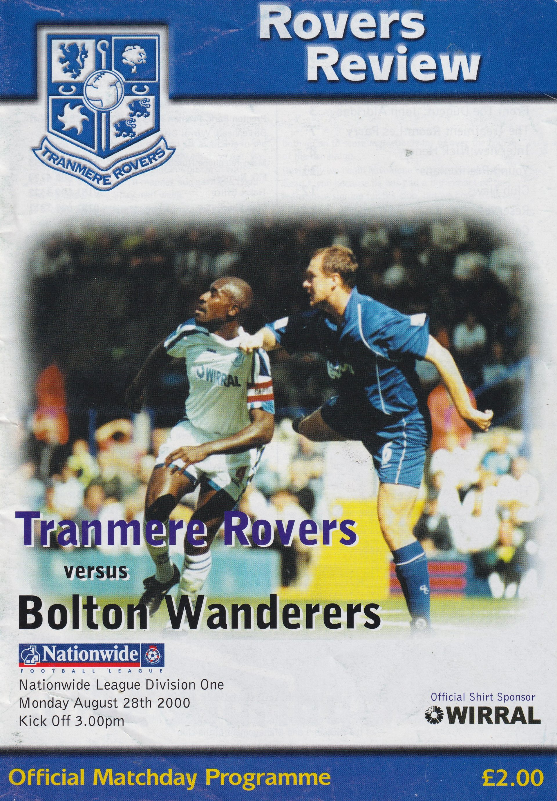 Tranmere Rovers v Bolton Wanderers match programme